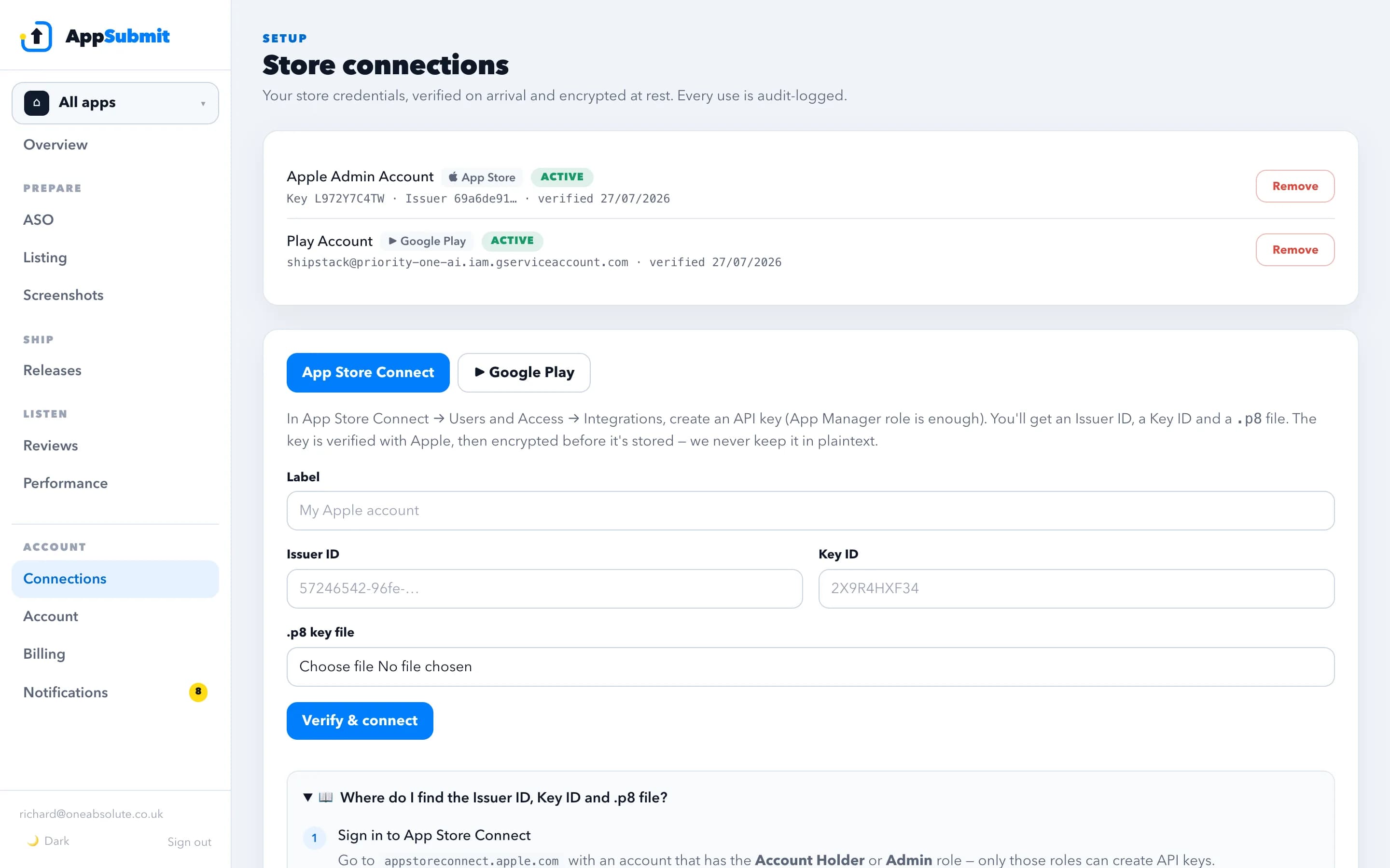 The connections screen with an illustrated guide showing exactly where to find the Issuer ID, Key ID and .p8 file in App Store Connect.