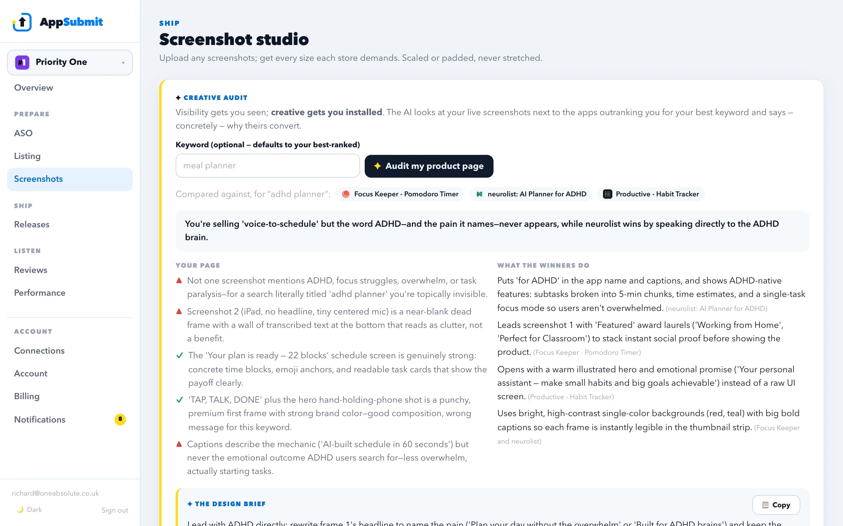 The AppSubmit creative audit comparing an app's live screenshots against the top apps in its category, with specific findings.