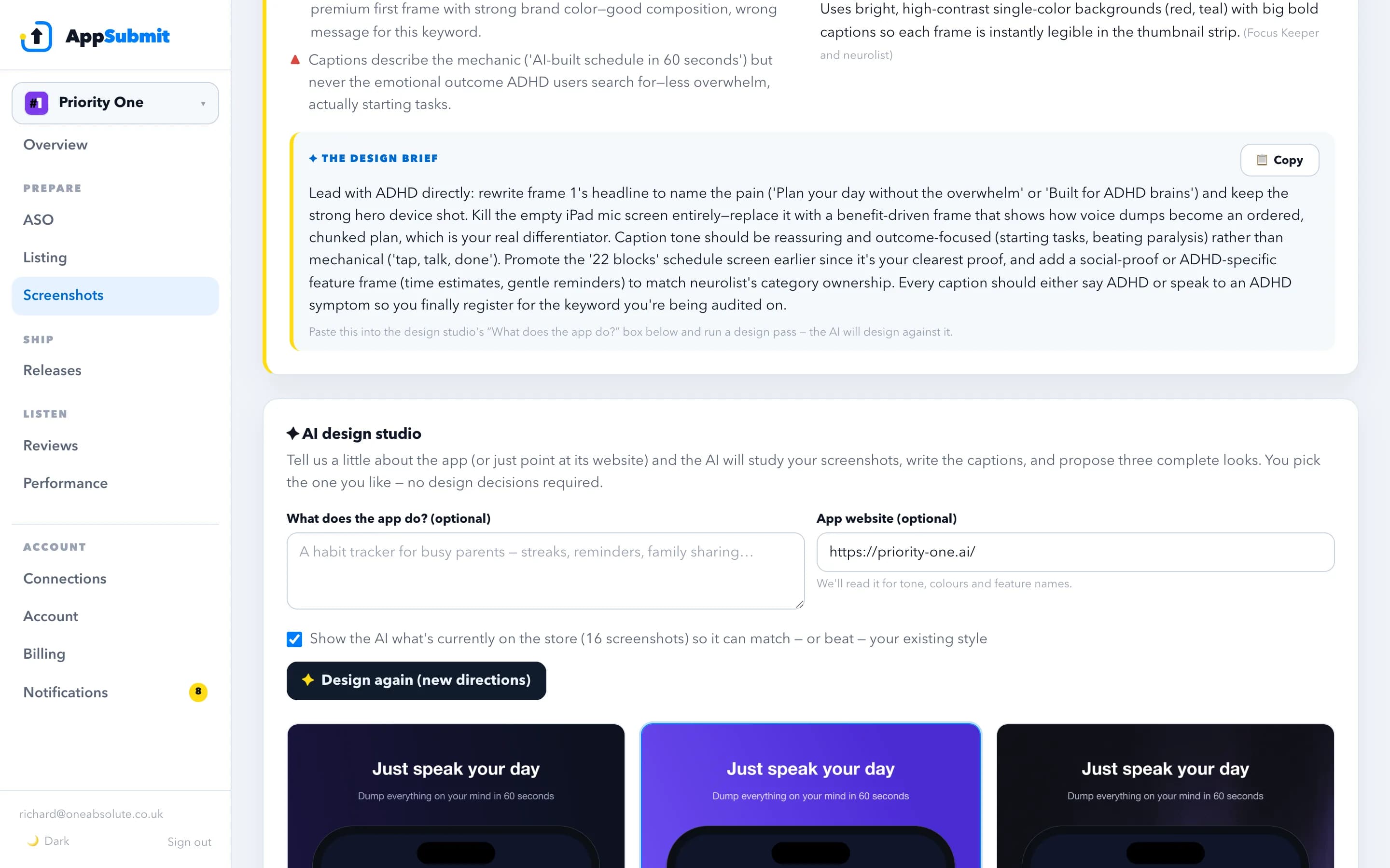 The AppSubmit screenshot studio proposing three complete design directions, each rendered as a real preview with captions and backgrounds.