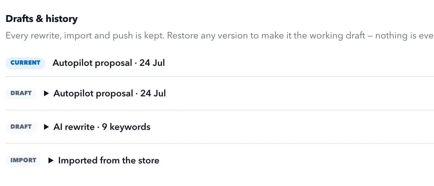 A close view of a listing's drafts and history: the current version, two AI drafts and the original import, each restorable.