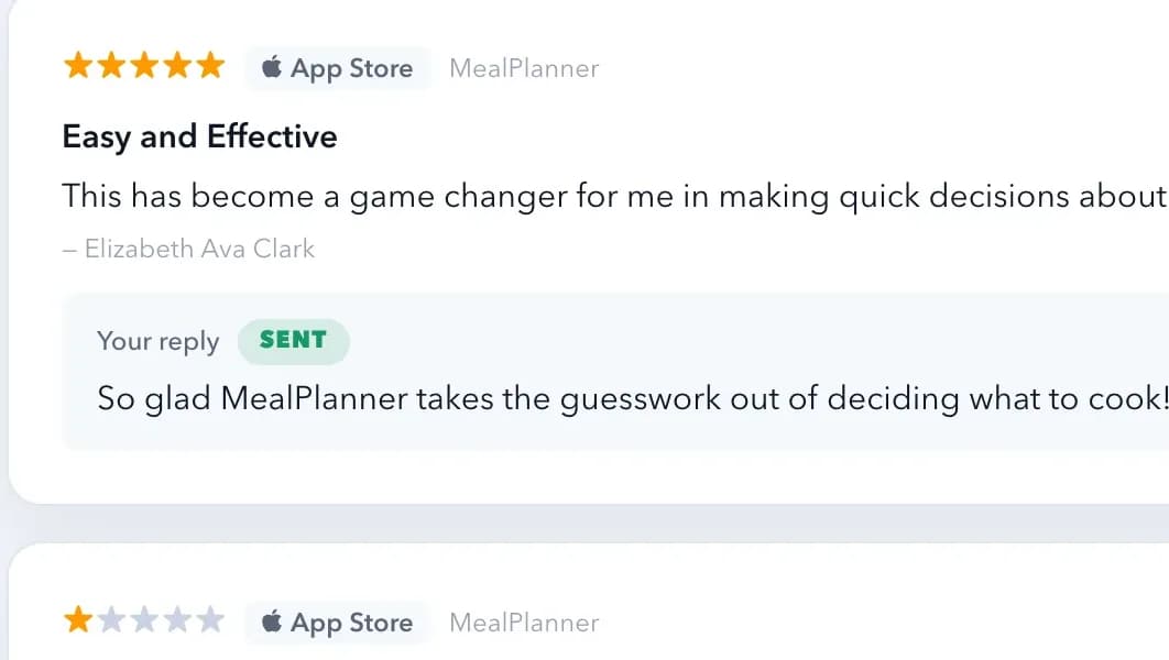 A close view of the review inbox: a five-star review with the reply that was sent, and the next review waiting.