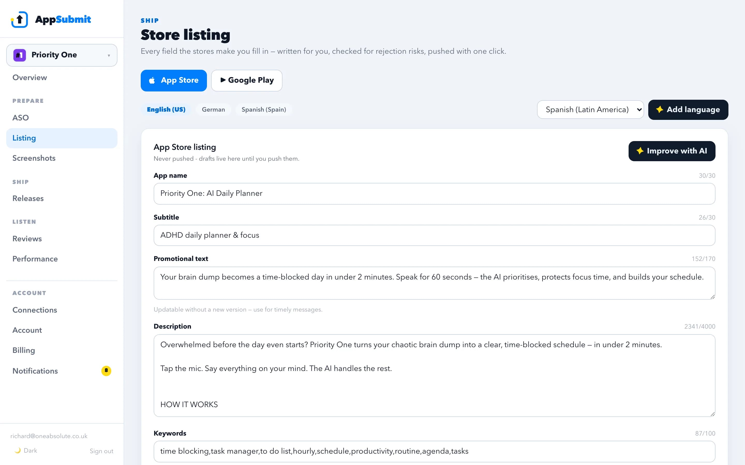 The AppSubmit listing editor showing title, subtitle, keyword field and description with live character counts and lint warnings.