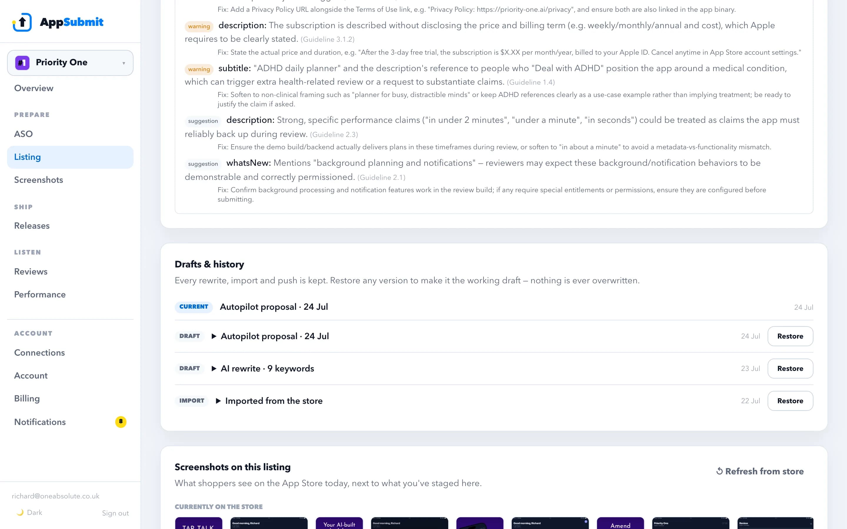 A listing's drafts and history in AppSubmit: the current version, AI drafts and the original store import, each restorable.