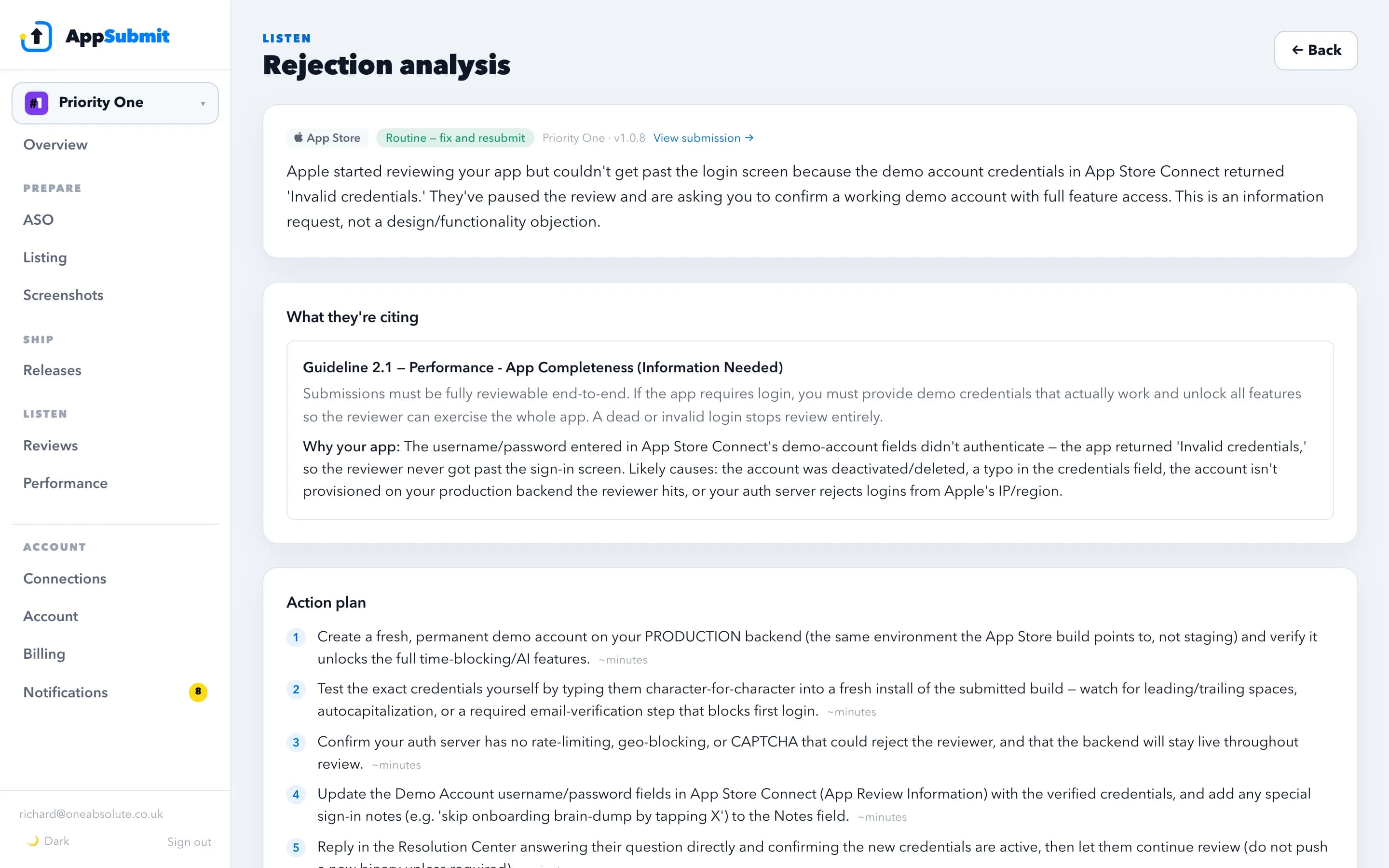 A decoded App Store rejection: plain-English summary, the guidelines cited, a numbered action plan, and a drafted reply to the reviewer.