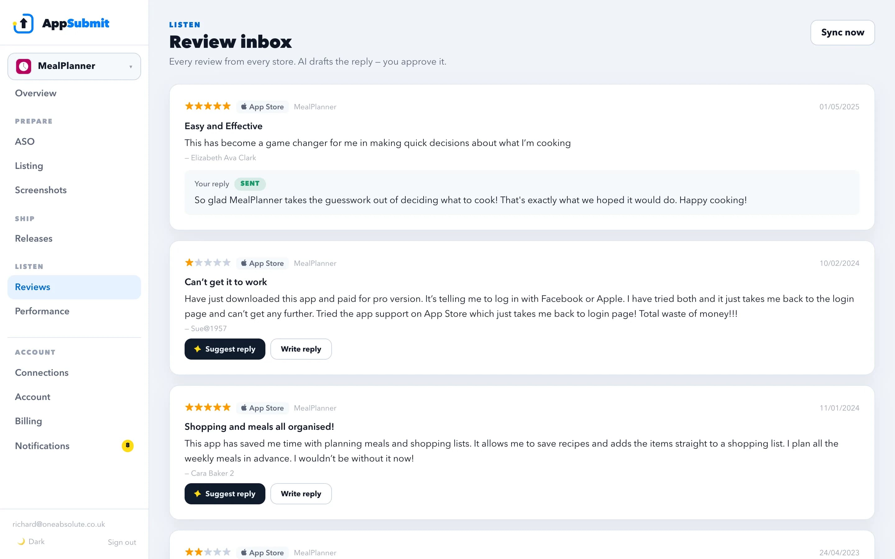 The AppSubmit review inbox: reviews from both stores in one list, each with an AI-drafted reply waiting for approval.