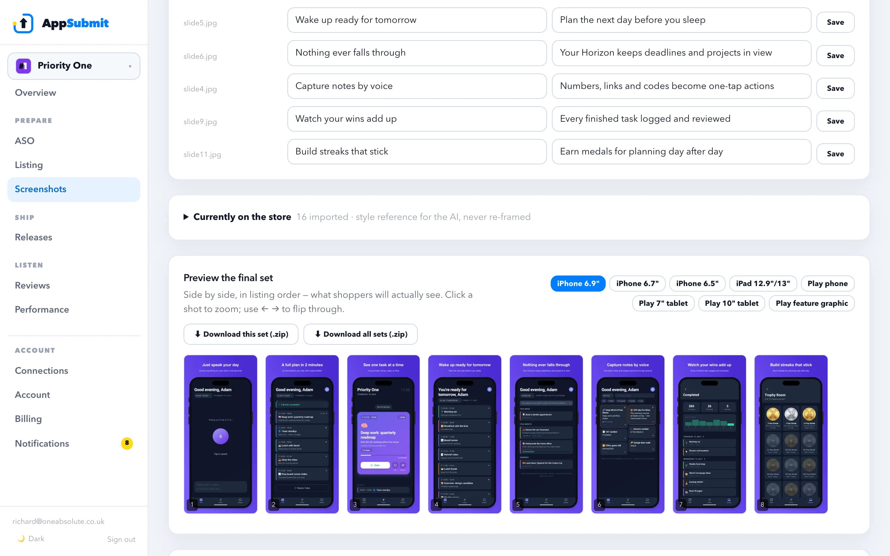 The final screenshot set preview: every rendered size in listing order with device frames, ready to push to the store.